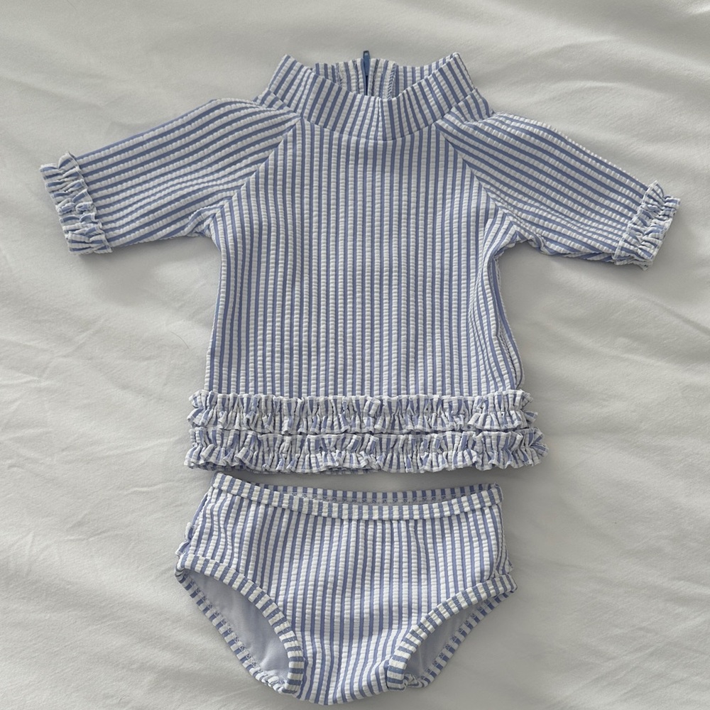 Ruffle Butts Blue and White Striped Rashguard Set